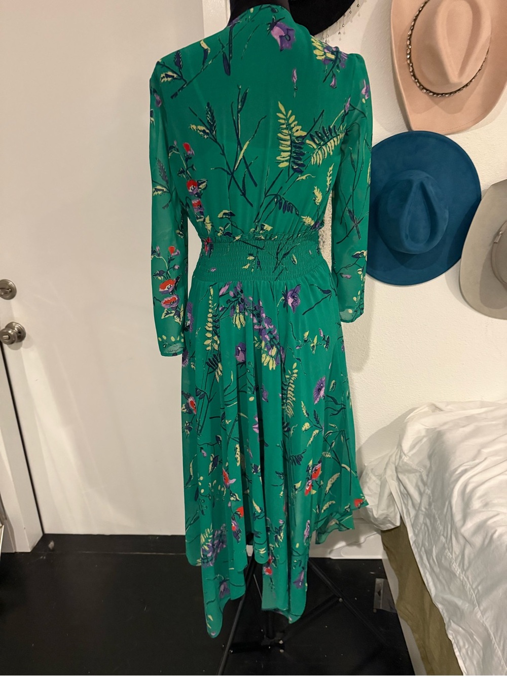Maje Green Floral Long-Sleeve Midi Dress with Purple & Red Accents